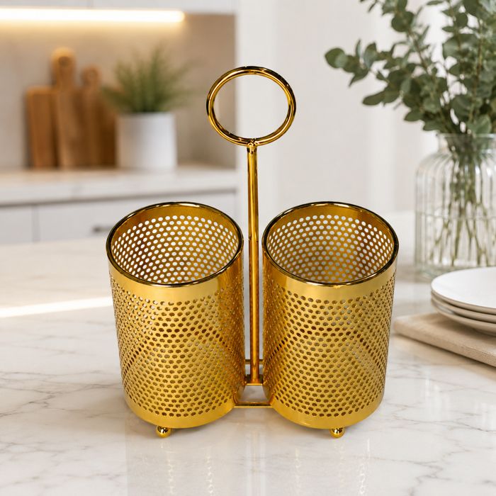 Golden Mesh Cutlery Holder — PVD gold coated stainless steel by Fusion Coatings Lahore