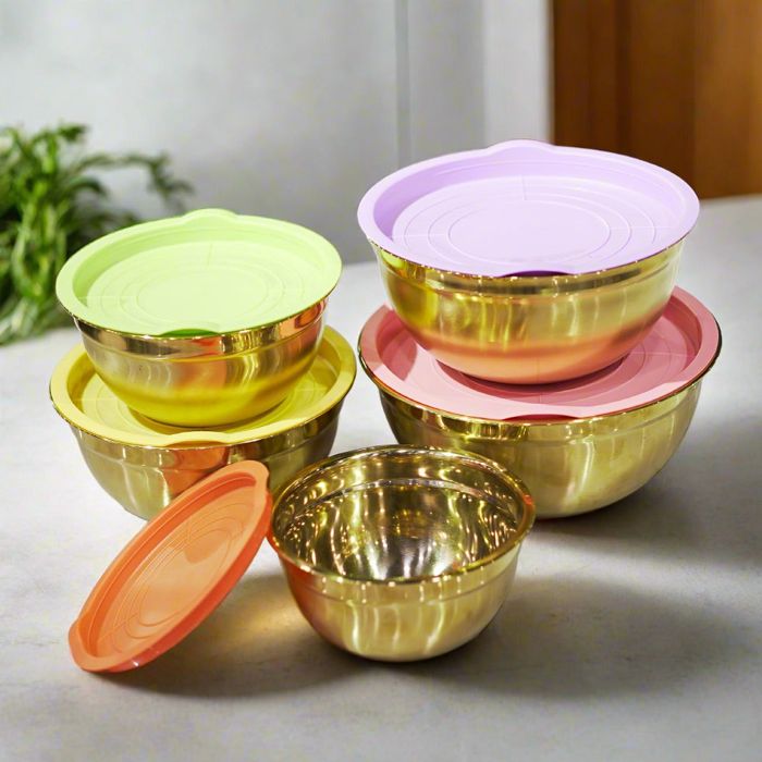 Luxury salad bowls stainless steel golden pvd coated with silicon lids (Set of 5 pieces ) — PVD gold coated stainless steel by Fusion Coatings Lahore