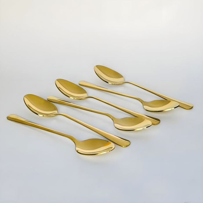 6pcs Long Back Dessert Spoon-14G-Golden PVD Coated — PVD gold coated stainless steel by Fusion Coatings Lahore